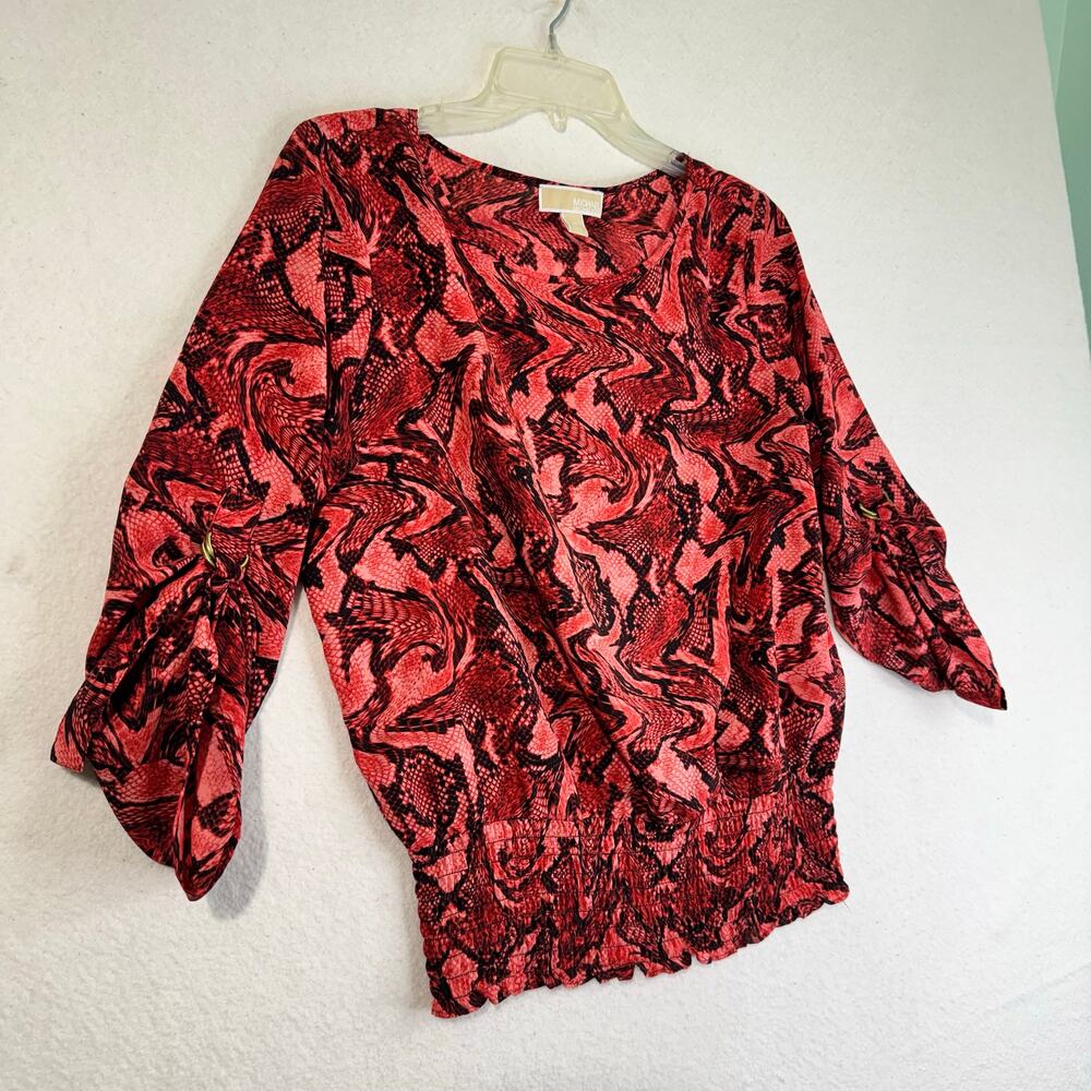 Michael Kors MK Black & Red Snake Skin Print Blouse 3/4 Roll Tab Sleeves Medium - Picture 3 of 7